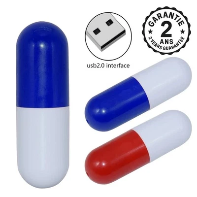 Clé USB 2.0 Pilule Bleue Rouge Faux Médicament Gélule 128 64 32 16 8 4 Go PC Mac - Photo 1/4