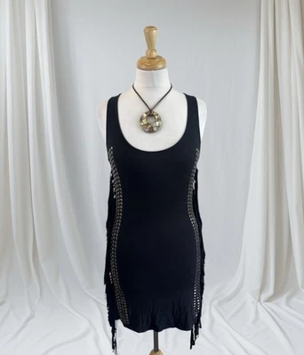 Y2K Black Studded Fringe Tunic Top Dress Boho Goth Grunge Punk Western Edgy S - Image 1 of 4