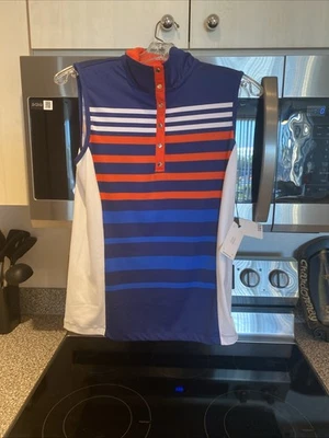 NWT TAIL $75.00 ENGINEERED STRIPE SNAPS MULTI COLOR Sleeveless Mock Golf Shirt M - Image 1 of 4