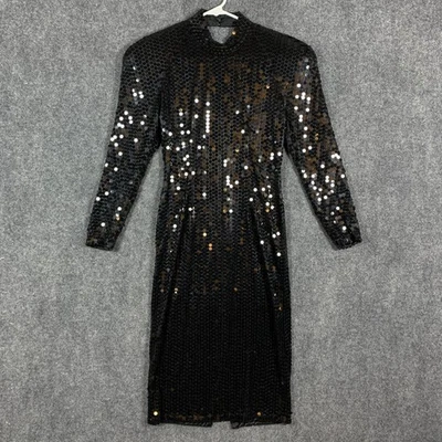Винтажное женское платье Oleg Cassini 4 черное с блестками длинным рукавом вечернее платье 80-е - Изображение 1 из 4
