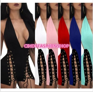 Cindy Halter V-Neck Lace UP Eyelet Double Tie-UP Backless Bodysuit Jumpsuit - Picture 1 of 10