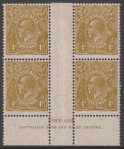 AUSTRALIA - 1933 KGV CofA Wmk 4d 'Gr OLIVE' Imprint Block SG129 MLH Cv$500[E8875 - Picture 1 of 2