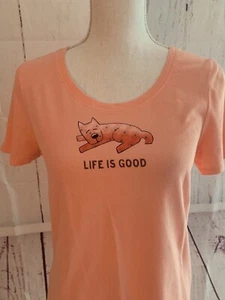 Life Is Good Women's XS Peach Snuggle Up Sleeping Rocket Dog Tee Shirt Short - Imagen 1 de 11