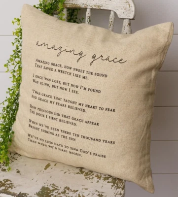NEW FARMHOUSE PILLOW AMAZING GRACE 18"x18" Cotton BEIGE BLACK TEXT Country - Image 1 of 2