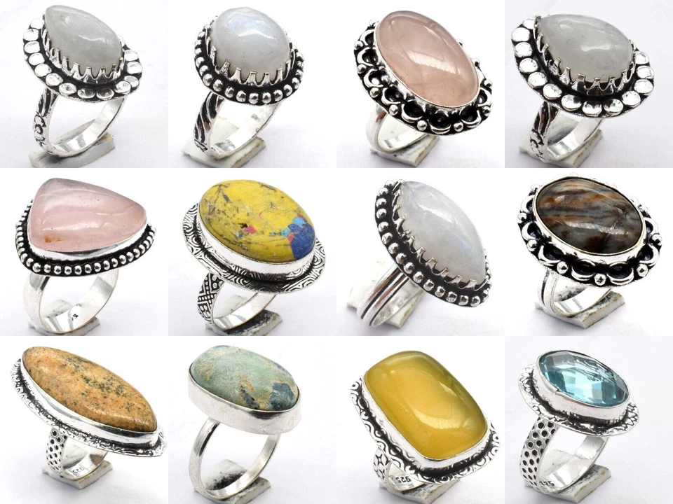 Mix Edelstein 5 Stück Größe Menge Ethnisch Handgemacht Ringe Menge, Versilbert - Bild 1 von 1