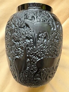 Lalique France Crystal Biches (Deer) Black Vase In Mint Condition Compare Prices - Picture 1 of 10