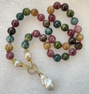 Natürliche Turmalin Edelstein Perlen Weiß Keshi Barock Perle Anhänger Halskette - Picture 1 of 13