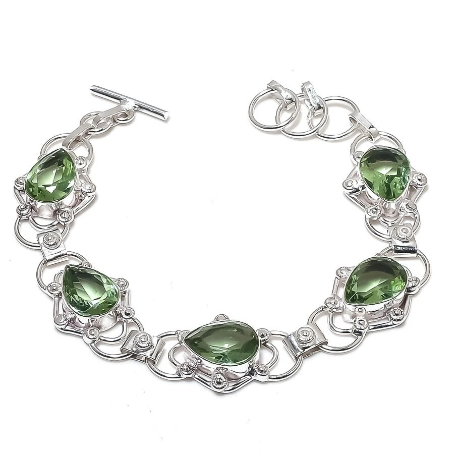 Brazalete de joyería de plata de ley 925 hecho a mano con piedras preciosas de amatista verde tamaño 7-8" Foto 1 de 1