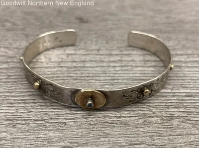 925 Sterling Silver & 14k Accents Stamped Design Floral Cuff Bracelet 13.24g - Image 1 of 4