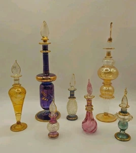 Rare Vintage Hand Blown Glass Perfume Bottles Set x7 Egyptian Tunisian Style - Picture 1 of 9