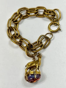 Rare Antique Rolled Gold Plate Art Glass Gazelle Watch Fob Charm Chain Bracelet - Picture 1 of 10