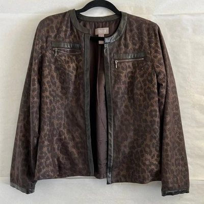 Chico’s Leopard Print Moto Jacket Size 1 M Brown Faux Leather Trim Animal Chic - Image 1 of 4