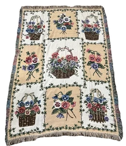 VTG Goodwin Weavers Flower Basket Throw Blanket Tapestry Cotton USA 64 x 45 RARE - Picture 1 of 9