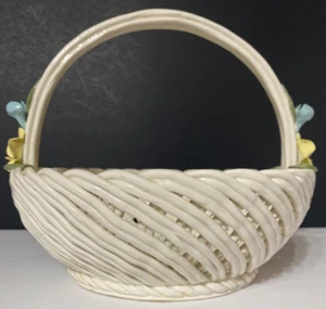 CERAMIC HANDLED BASKET WITH FLORAL AND LEAF ACCENTS - Picture 1 of 6