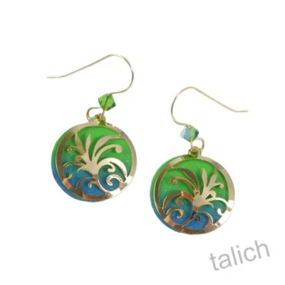 Adajio Earrings Vibrant Green Disc with Shiny Gold Plated Fern Overlay Unique - Image 1 of 4