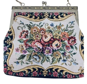 Floral Petit Point Tapestry Evening Clutch Bag Chain Handle Kiss Lock Vintage - Picture 1 of 9
