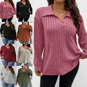 Plus Size 20-28 Womens Ribbed Jumper Tops Ladies V Neck T Shirt Pullover Blouse - Picture 1 of 32