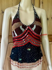 Vintage Patsy Seddon for Phase 8 Black/Multi-col Beaded Halterneck Top SzM *VGC* - Picture 1 of 13
