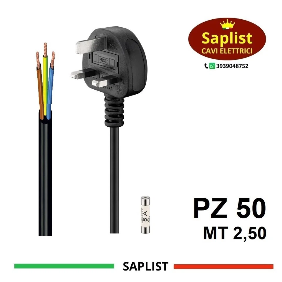 50 STÜCK - NETZKABEL MIT ENGLISCHEM STECKER FUS. 13A MT 2,50 ZUGELASSEN - Bild 1 von 1