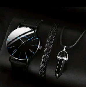 3pcs/set 1pc Round Fashion Men's Quartz Watch And 1pc Bracelet And 1pc Necklace, - Picture 1 of 1