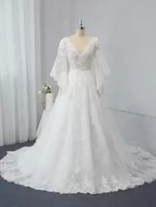 Vintage A Line V Neck Wedding Dresses Lace Appliques Backless Bridal Gowns - Picture 1 of 11