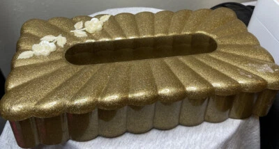 Vintage MCM Plastic Tissue Holder Embellished Floral Menda Gold sparkle 1950’s - Image 1 of 4
