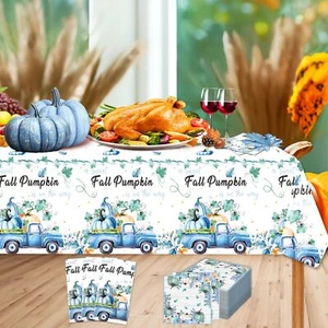 3 Pc Blue Fall Thanksgiving Tablecloth Set 54x108in + 60 Napkins Disposable - Picture 1 of 7