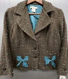 Damen Blazer 12 Braun Aqua Schleifen Farbe Flecken Jacke Pullover Y2K Laune Neu - Bild 1 von 9