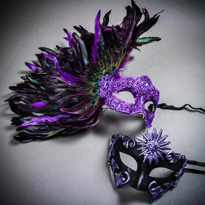 Venetian Couple Party Men Warrior Eye Mask & Women Feather Purple Costume Mask - Image 1 of 3