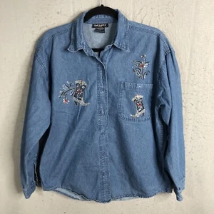Get Lucky Top Womens Large Blue Denim Western Rhinestone Boot Ranch Rodeo - Picture 1 of 20