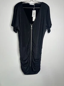 MinkPink Knit Tunic Top Dress Womens Medium Zip up Rouching Casual Black Shiny - Picture 1 of 10