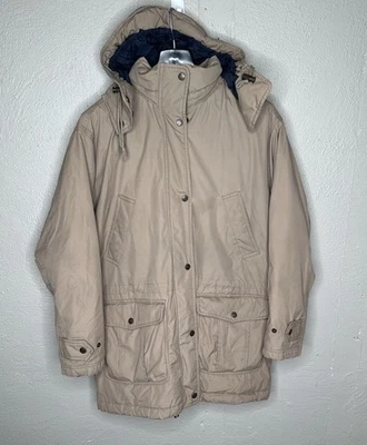 Vintage Lands End Khaki Beige Hooded Winter Coat Heavy Goose Down Small - Image 1 of 4