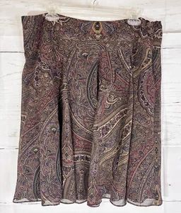 Chaps Brown Paisley Print Flutter Skirt Midi 14 Boho Flirty Retro Chiffon Lined - Picture 1 of 6