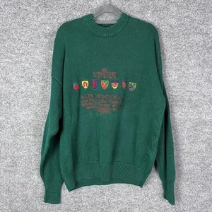 Vintage Structure Mens Crew Neck Sweater Large Green Embroidered Knit Pullover - Picture 1 of 9