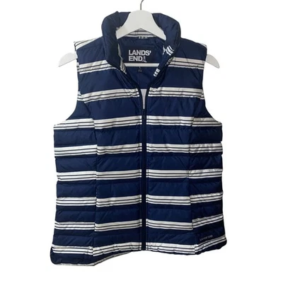 Lands' End Size Small Navy Blue White Striped 600 Fill Down Puffer Vest NWT - Image 1 of 4