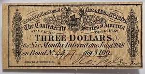 $3 TRES DÓLARES CSA ESTADOS CONFEDERADOS DE AMÉRICA $100 1864 Cupón de bonos - Imagen 1 de 2