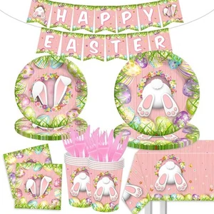 Happy Easter Decorations-142Pcs Bunny Plates and Napkins Kit Pink - Picture 1 of 6