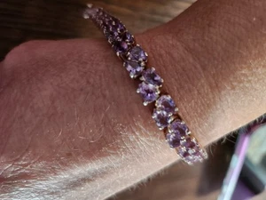 925 SILVER OVAL CUT PURPLE AMETHYST TENNIS BRACELET 7.7 INCHES 20.16 GRAMS - Picture 1 of 11