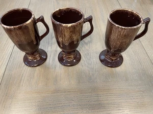 Lot Of 3 Vintage Hall Brown Drip Pedestal Irish Coffee Mugs - Picture 1 of 5