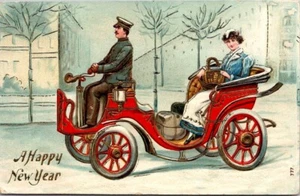 Postcard Happy New Year Snowy Scene Pretty Lady Being Driven In Red Car Embossed - Picture 1 of 2