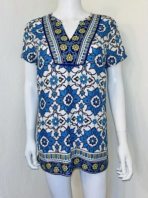 Blue Moroccan Tile Print Linen Cap Slv Caftan Resort Tunic Top Size S? EUC - Image 1 of 4