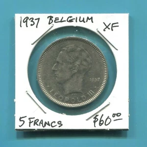 BELGIUM -  FANTASTIC HISTORICAL "BELGIQUE" NICKEL 5 FRANCS (5 FRANK), 1937  - Picture 1 of 2