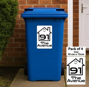 Personalised Wheelie Bin Stickers – House Design with Smiley | Street & Number - Picture 1 of 2