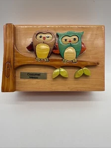 Handmade Hand Painted Wood Box Owl Couple Brass Cozumel Mexico Label 6”x4”x3” - Picture 1 of 18