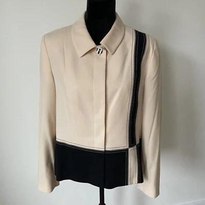 Louis Feraud Cream Black Geometric Color Block Wool Hidden Button Blazer Jacket - Image 1 of 4
