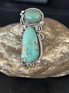 Green Turquoise Cluster Navajo Sterling Silver Ring Size 12 14696 - Picture 1 of 12