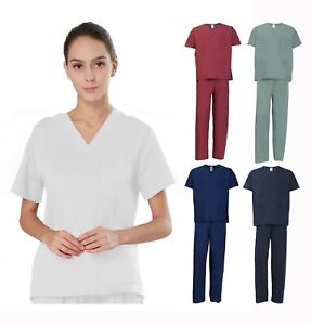 Unisex Medical Doctor Nurse Reversible Scrubs Gray White Top Pants Set sz XS-3XL