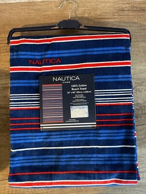 Toalla de playa para piscina Nautica 100 % algodón logotipo 35x66 rayas azul marino, azul, rojo y blanco Foto 1 de 4