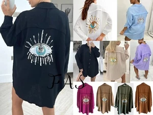 Women's Ladies Sequin Eye Button Up Oversized Summer Tunic Shirt Mini Dress Tops - Picture 1 of 25