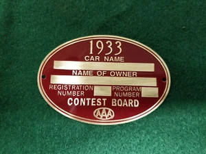 AAA Contest Board 1933 RACE Speed Data Plate Acid Etched Brass - Picture 1 of 3